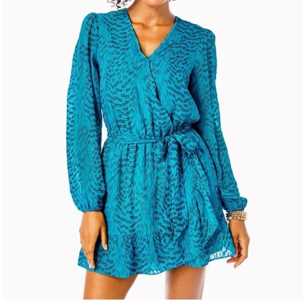 Lilly Pulitzer Alfie Metallic Teal Blue Silk Mini Dress size M